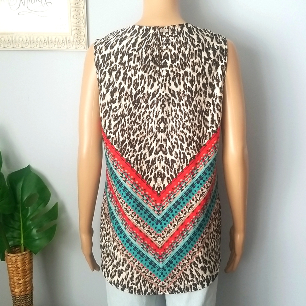 Point Zero Western Boho Animal Print Mixed Media Top SZ L - Picture 7 of 13